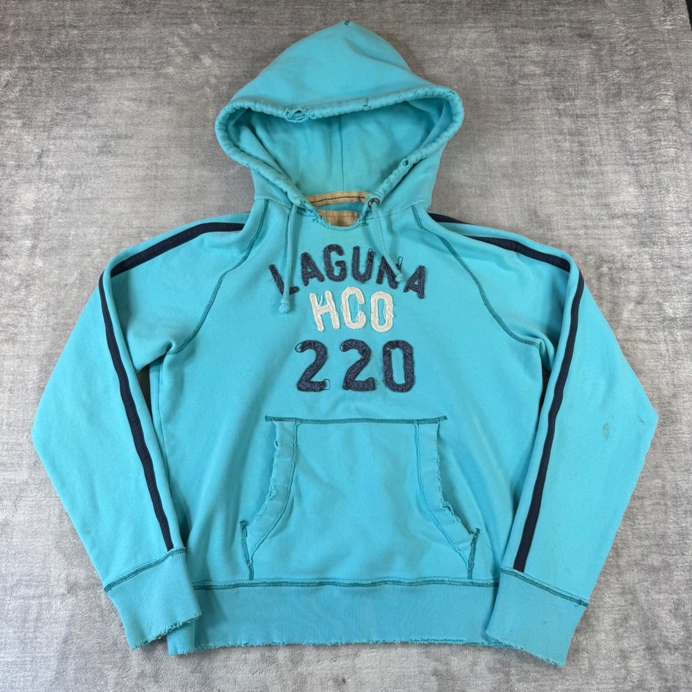 Hollister Sweatshirt Women Large Blue Y2K Distressed Lettering Hoodie Striped